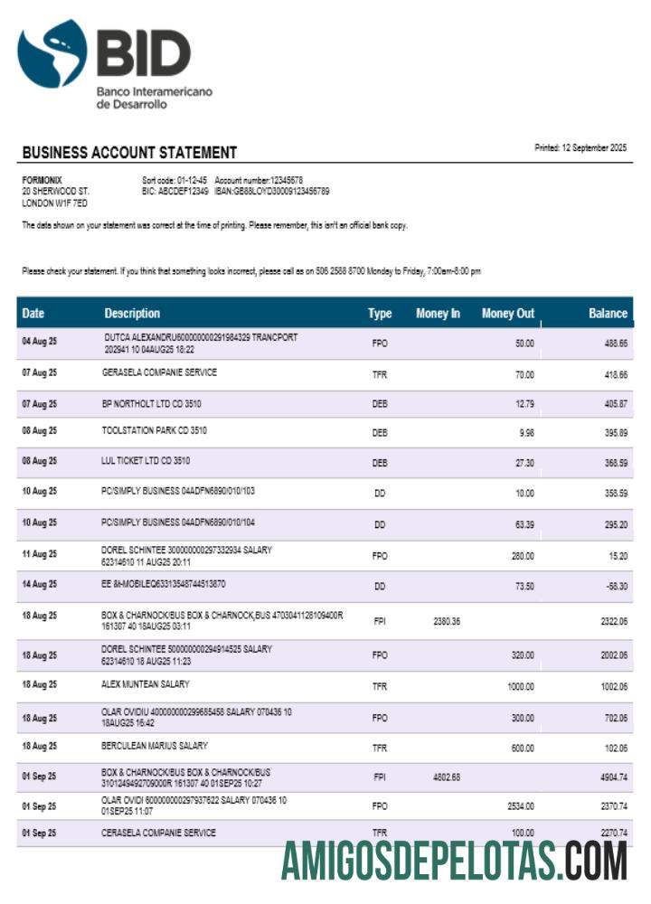 Equador Banco Interamericano De Desarrollo (BID) Extrato de conta firme em formato Word e PDF